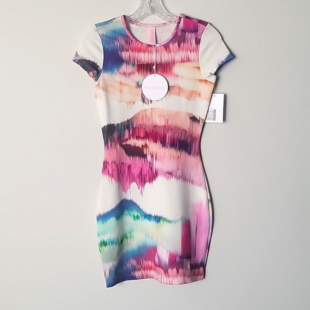 Nwt Isla Lulu White Pink Bodycon Cocktail Club Sexy Fitted Summer Mini Dress Xs